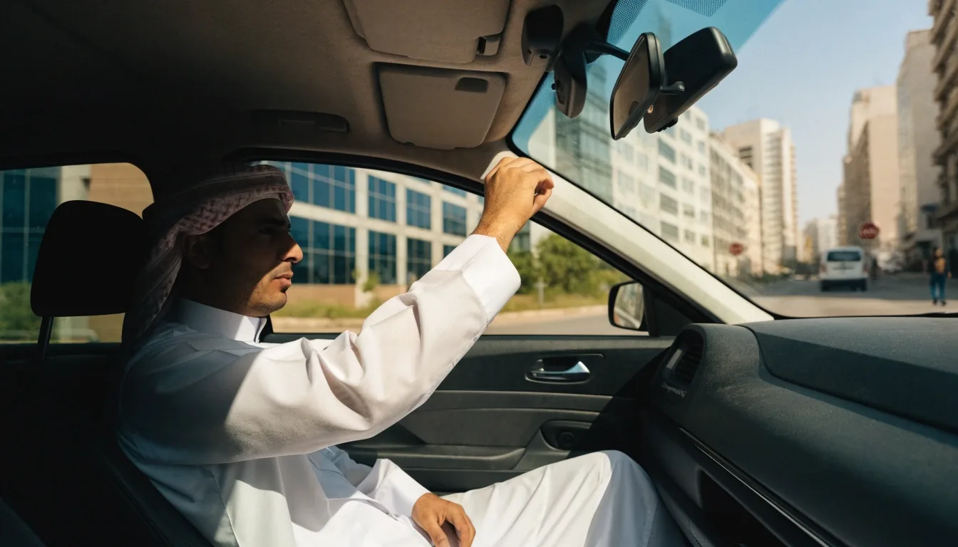 سيارة متوقفة في ظل مبنى بالرياض مع انعكاس خفيف على الزجاج